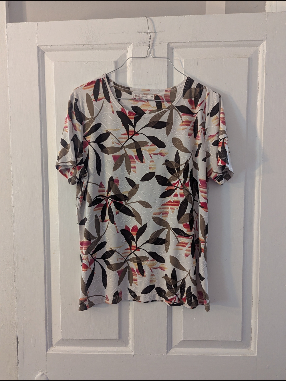 JM Collection Short Sleeve Floral Leaf Print Top - White, Black, Pink, Brown